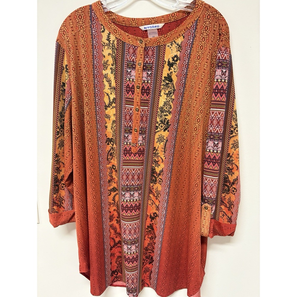 Nygard Orange Bohemian Print Rolled Cuff Sleeve Shirt, Sz 3X Plus Size Hippie